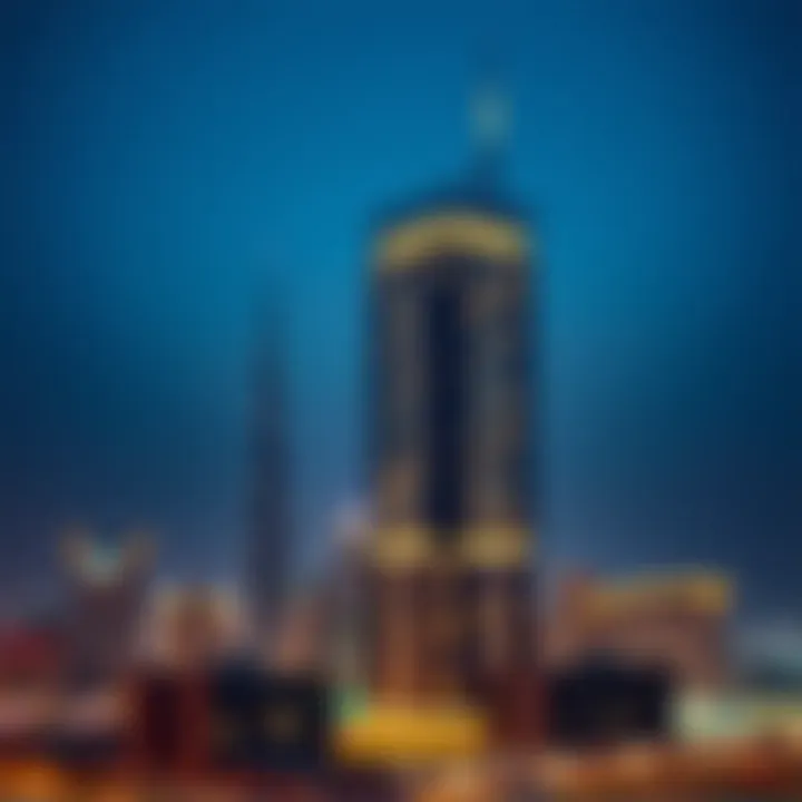 Illuminated Code Business Tower Against the Night Sky Night view of the illuminated Code Business Tower with surrounding city lights