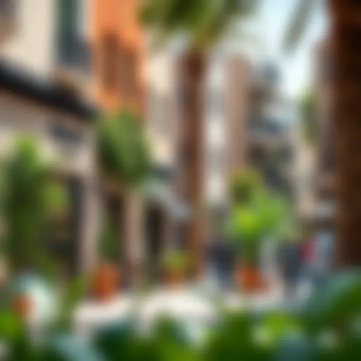 Exploring Dubai's Lively Neighborhoods Vibrant neighborhood street in Dubai filled with cafes, shops, and greenery