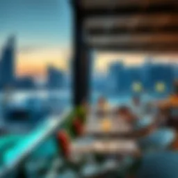 Sleek outdoor dining area overlooking Dubai Marina