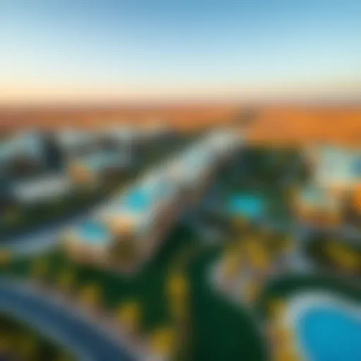 Aerial view of Dubai Hill Estate showcasing its modern architecture and green spaces