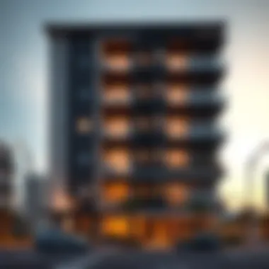 Modern exterior view of a one-bedroom apartment building in Deira