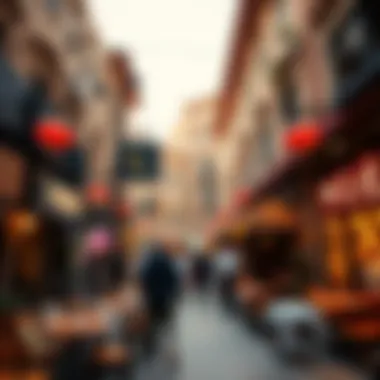Bustling Street Filled with Diverse Restaurants A bustling street filled with diverse restaurants