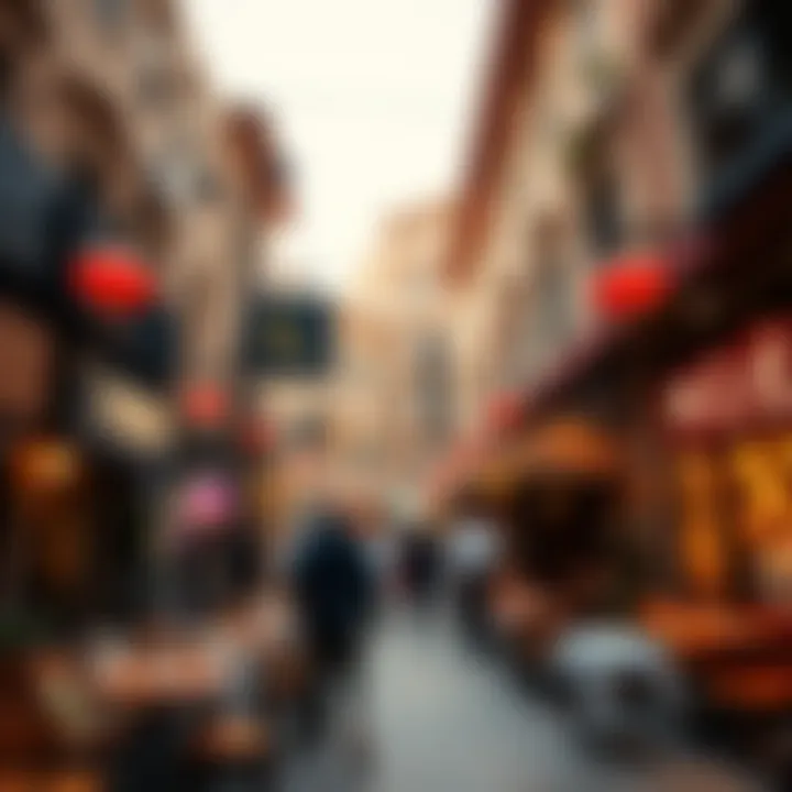 Bustling Street Filled with Diverse Restaurants A bustling street filled with diverse restaurants