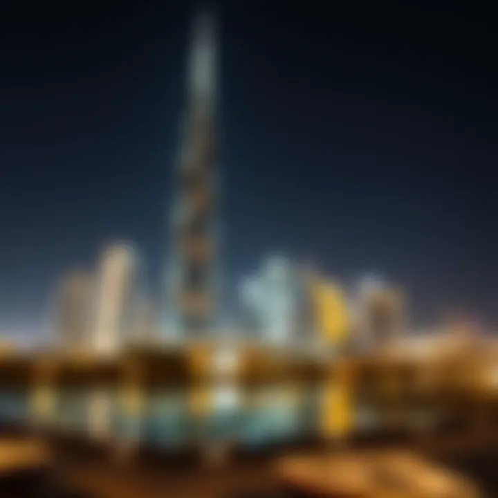 Nighttime Illumination of Al Khazna Tower Nighttime illumination of Al Khazna Tower against Dubai's skyline