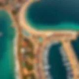 A stunning aerial view of Barasti Beach showcasing its pristine coastline and vibrant atmosphere