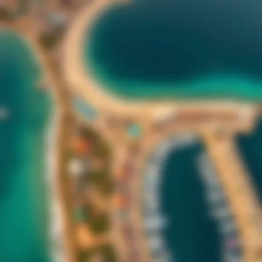 A stunning aerial view of Barasti Beach showcasing its pristine coastline and vibrant atmosphere