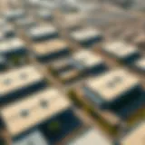 Aerial view of warehouse complexes in Dubai showcasing different rental options