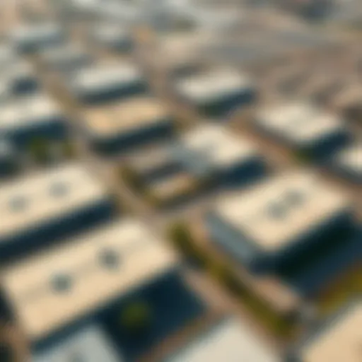 Aerial view of warehouse complexes in Dubai showcasing different rental options