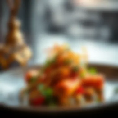 Fusion of Tradition and Modernity in Cuisine A close-up of a signature dish that blends traditional flavors with modern presentation