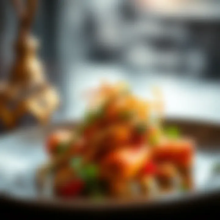 Fusion of Tradition and Modernity in Cuisine A close-up of a signature dish that blends traditional flavors with modern presentation