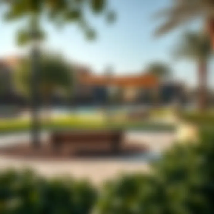 Community gathering area in JVC Park with benches and shade