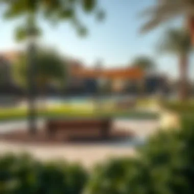 Community Engagement Spaces in JVC Park Community gathering area in JVC Park with benches and shade