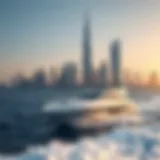 Luxury yacht cruising against the Dubai skyline