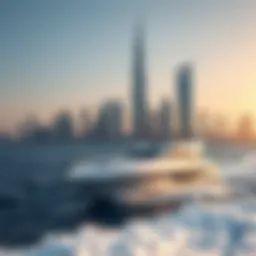 Luxury yacht cruising against the Dubai skyline