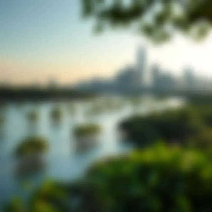 Integrating Nature with Urban Development Urban skyline with mangrove park in the foreground