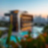 Modern Architectural Elegance of Orchid Residence A stunning view of Orchid Residence showcasing its modern architectural design against the Dubai skyline.