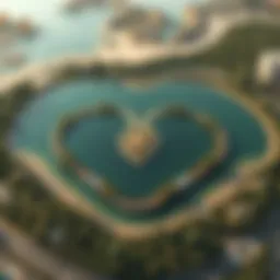 Aerial view of Love Lake Al Qudra showcasing its heart-shaped design surrounded by lush greenery