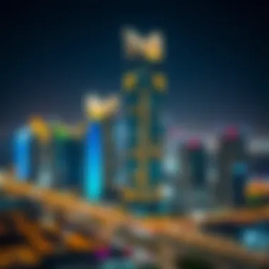 Night shot of برج الهند illuminated against the Dubai skyline