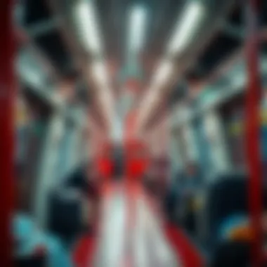 Interior of Red Line Train Interior of a Dubai Metro Red Line train during peak hours, highlighting passenger experience.
