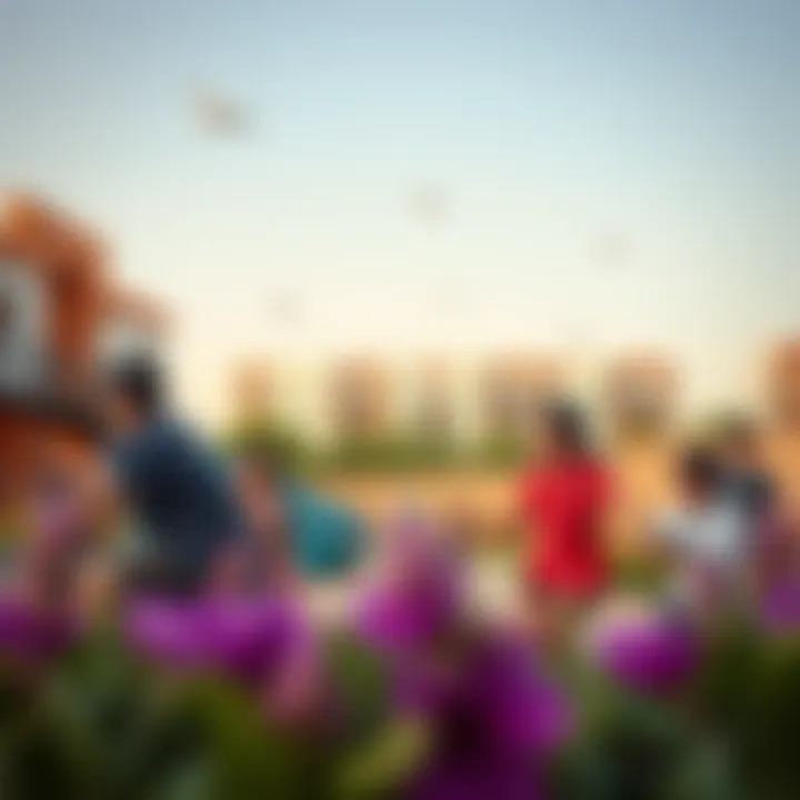 Vibrant community life in Damac Hills 2 with families enjoying recreational activities
