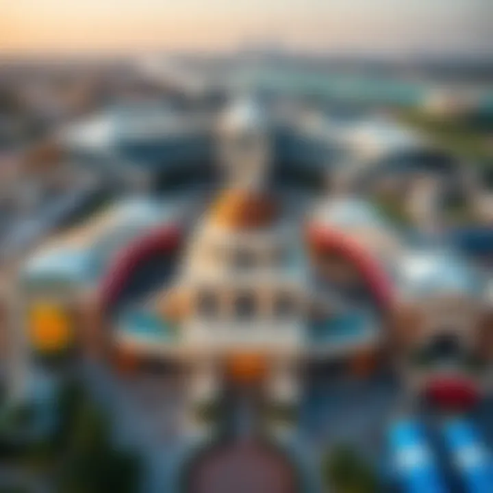 Architectural Wonders from Above An aerial shot highlighting the architectural marvels of Global Village