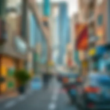 Modern Amenities in Dubai's Bustling Streets Bustling Dubai street with shops and modern amenities