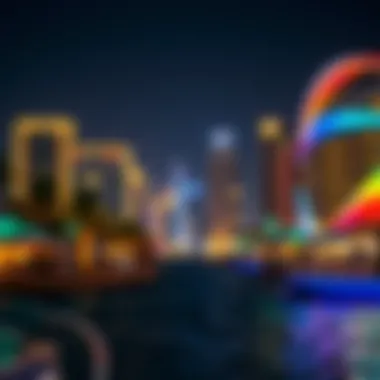 Nighttime scene of JBR with illuminated buildings