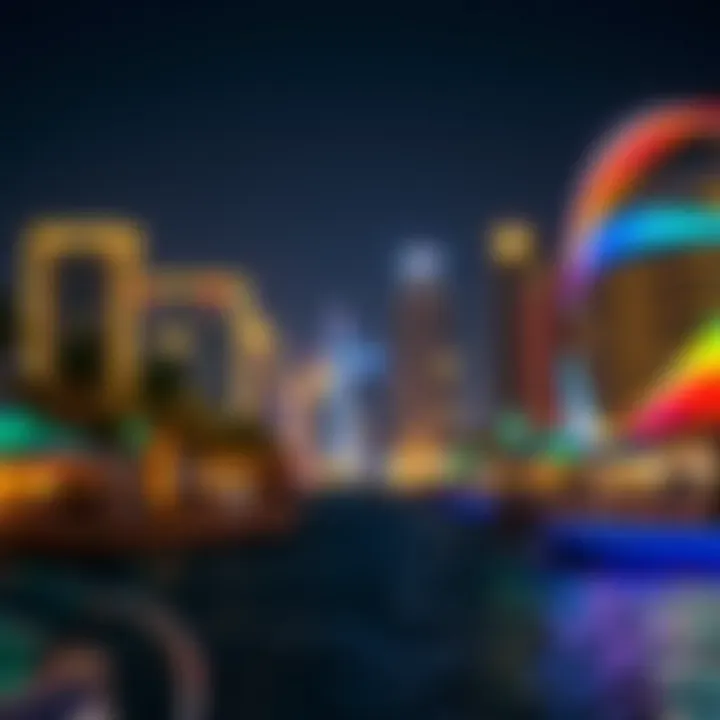 Nighttime scene of JBR with illuminated buildings