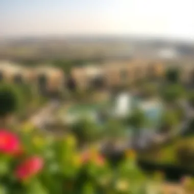 A panoramic view of the lush greenery and tranquil water features