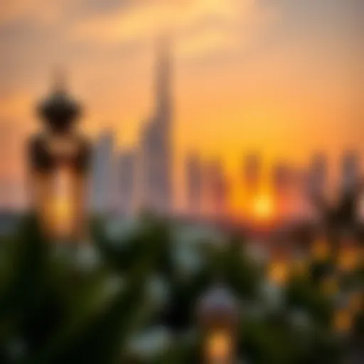 A stunning view of the Dubai skyline during sunset with Ramadan lanterns in the foreground