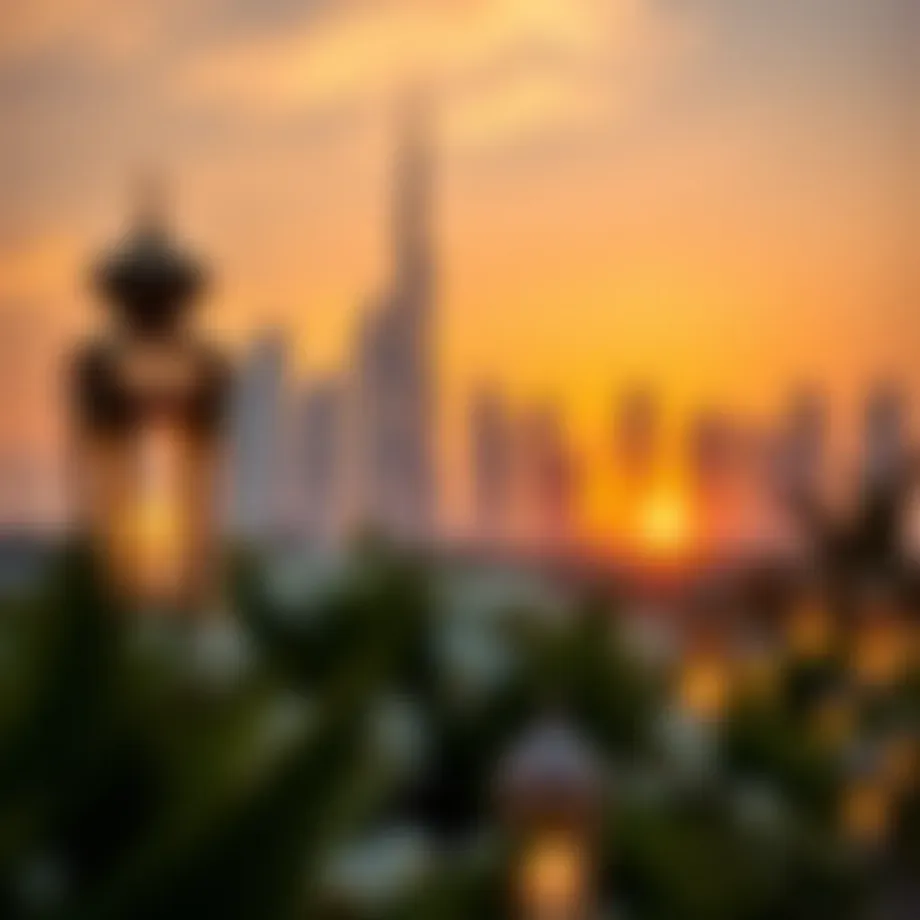 A stunning view of the Dubai skyline during sunset with Ramadan lanterns in the foreground