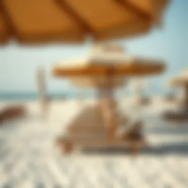 Family Beach Amenities Beach amenities including umbrellas and lounge chairs for families.