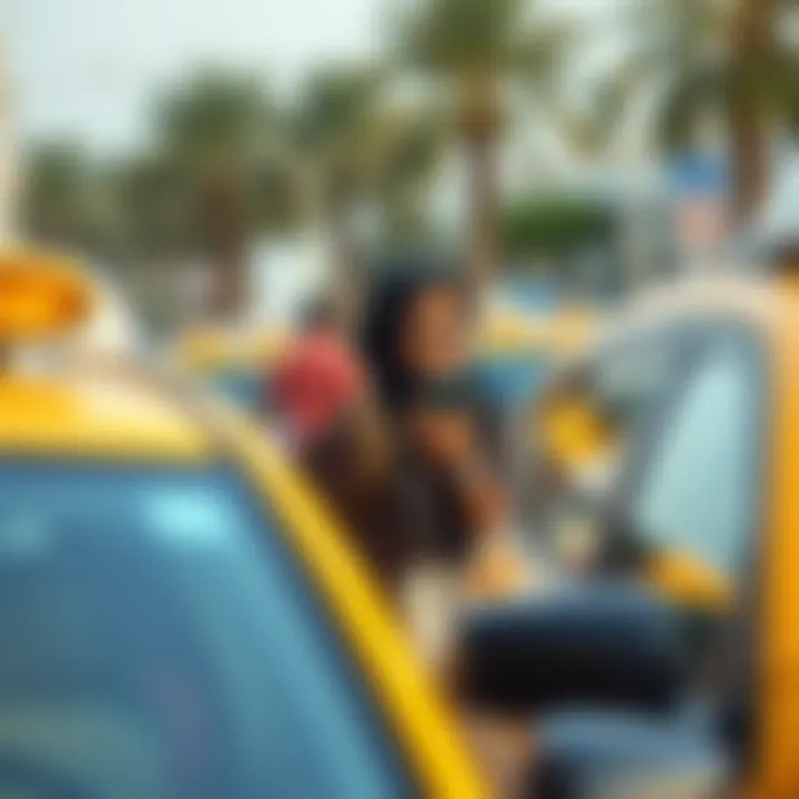 Diverse group of travelers using taxi apps in Dubai