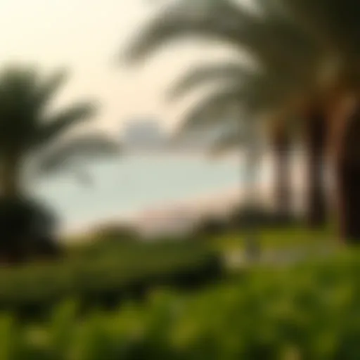 Lush Greenery and Shoreline at Umm Suqeim Beach Park Scenic view of Umm Suqeim Beach Park showcasing lush greenery and the shoreline
