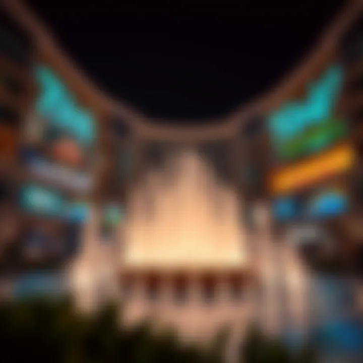 Nighttime illumination of the Dubai Mall fountain area
